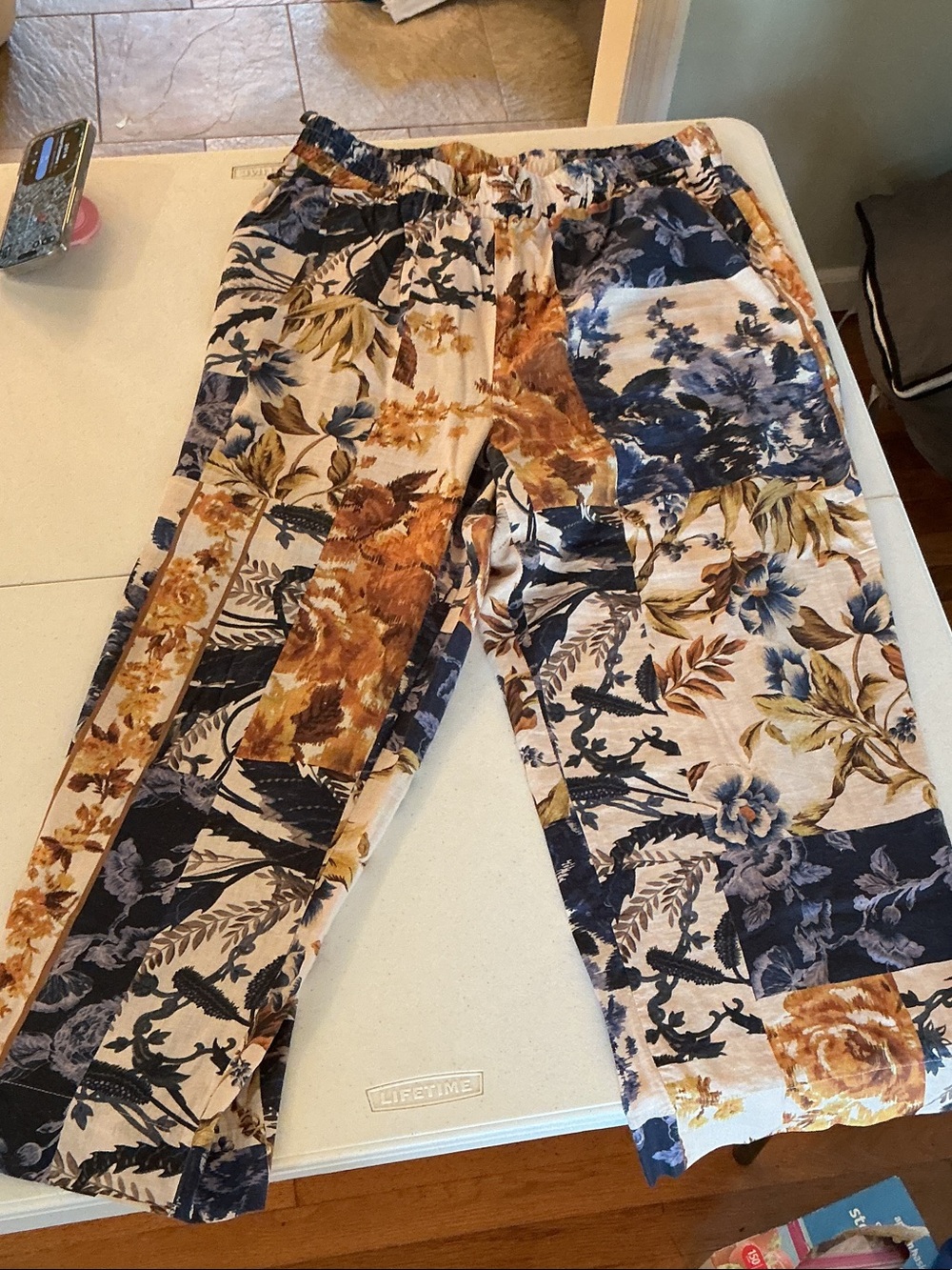 Christian Siriano Blue & Brown Floral Patchwork Joggers